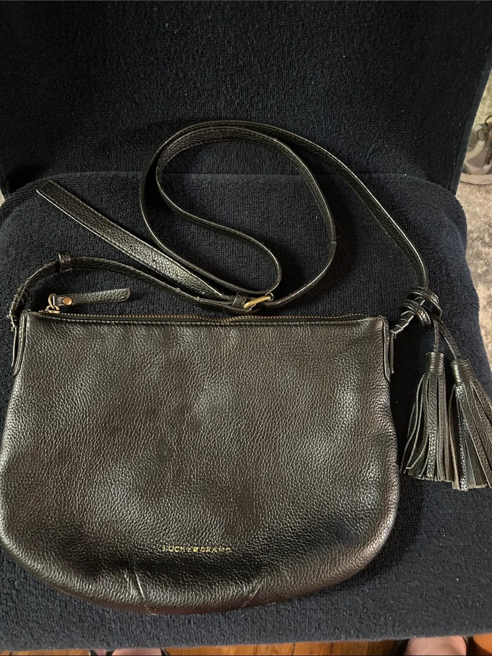 Lucky Brand Black Pebbled Leather Crossbody Bag with Tassels
